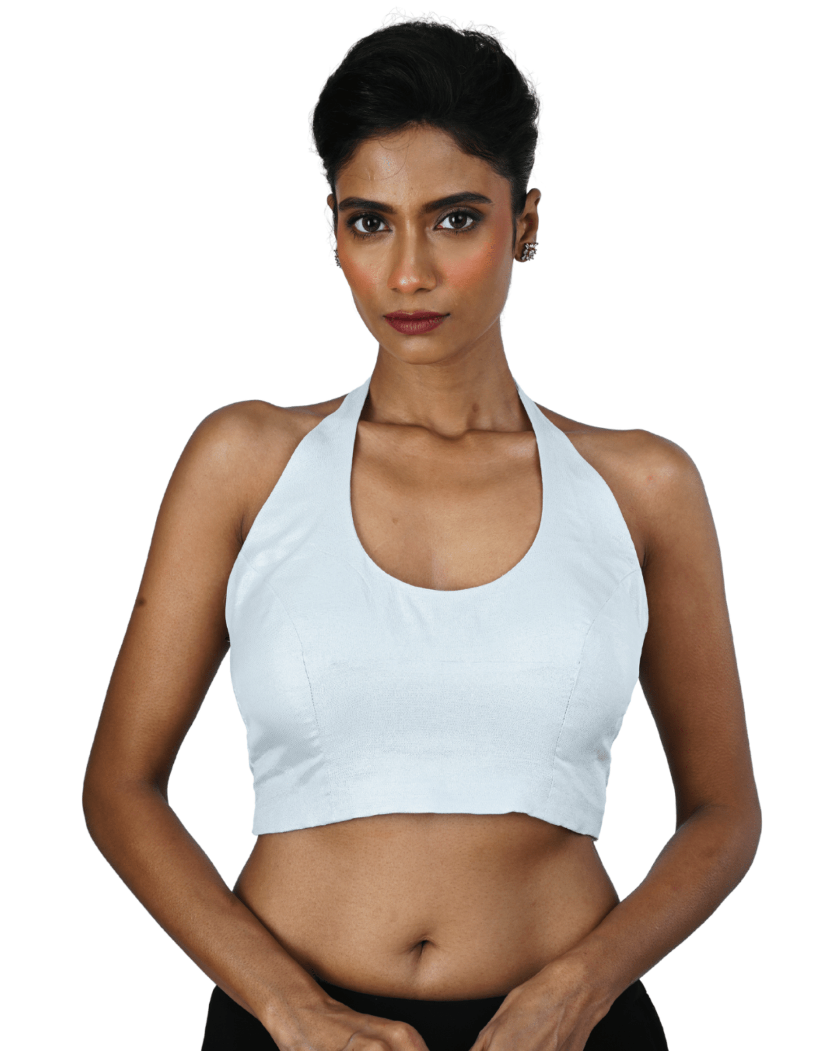 Silver Tissue Halter Neck Saree Blouse - Anvi Couture