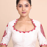 While Raw Silk Blouse With Red Shakha Hand Embroidery work full