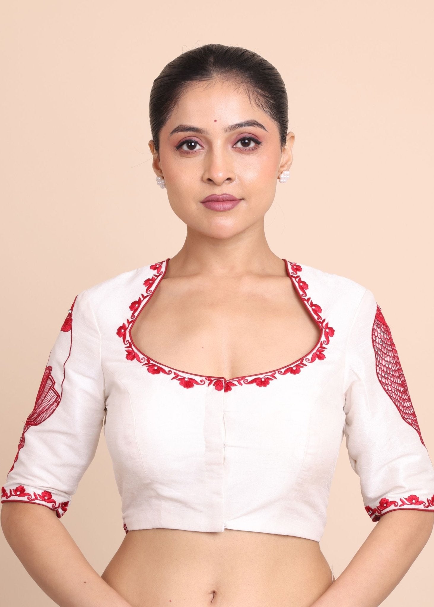 While Raw Silk Blouse With Red Shakha Hand Embroidery work - Anvi Couture