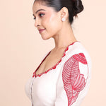 While Raw Silk Blouse With Red Shakha Hand Embroidery work side 