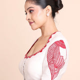 While Raw Silk Blouse With Red Shakha Hand Embroidery work side 