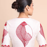 While Raw Silk Blouse With Red Shakha Hand Embroidery work back
