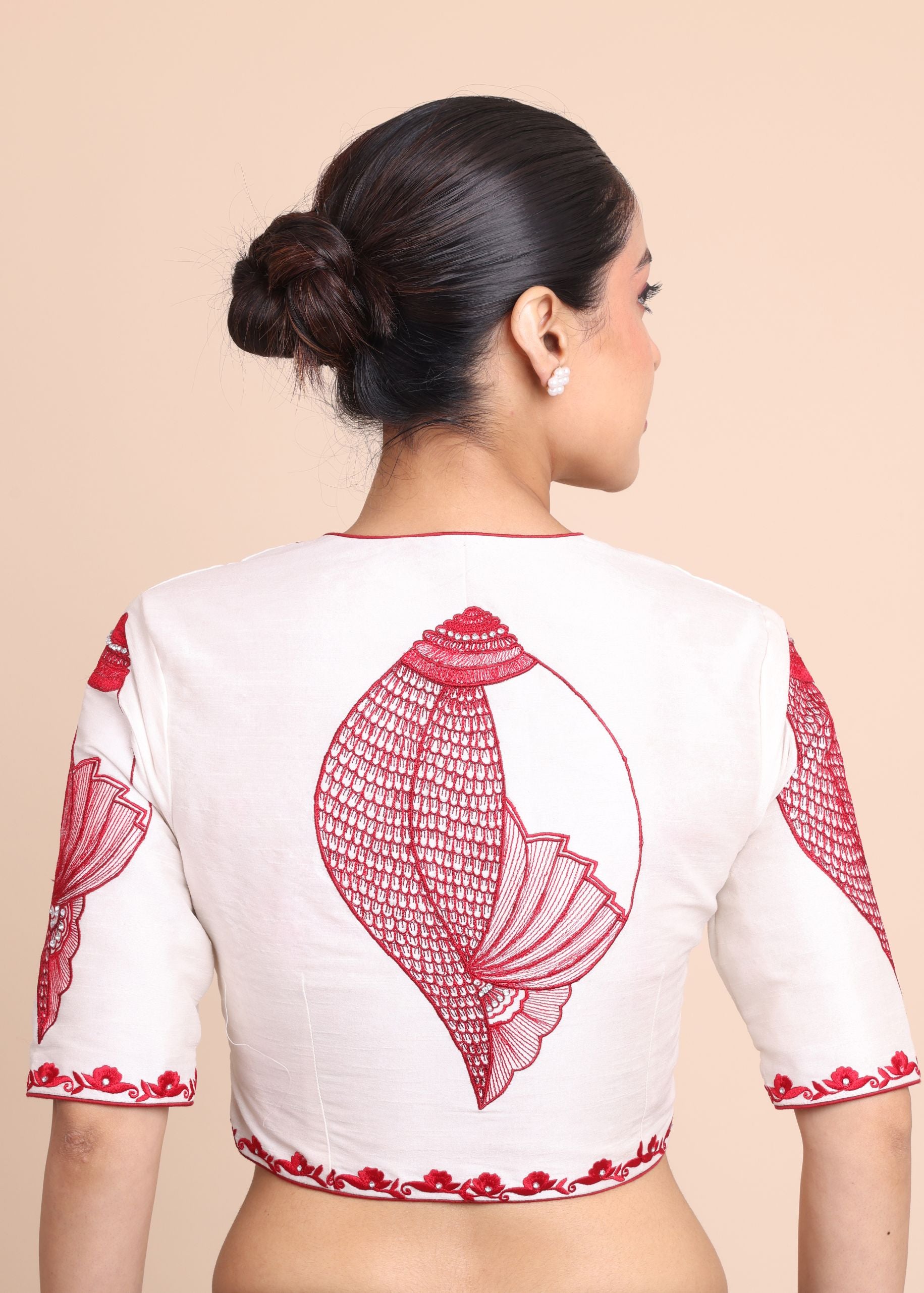 While Raw Silk Blouse With Red Shakha Hand Embroidery work back