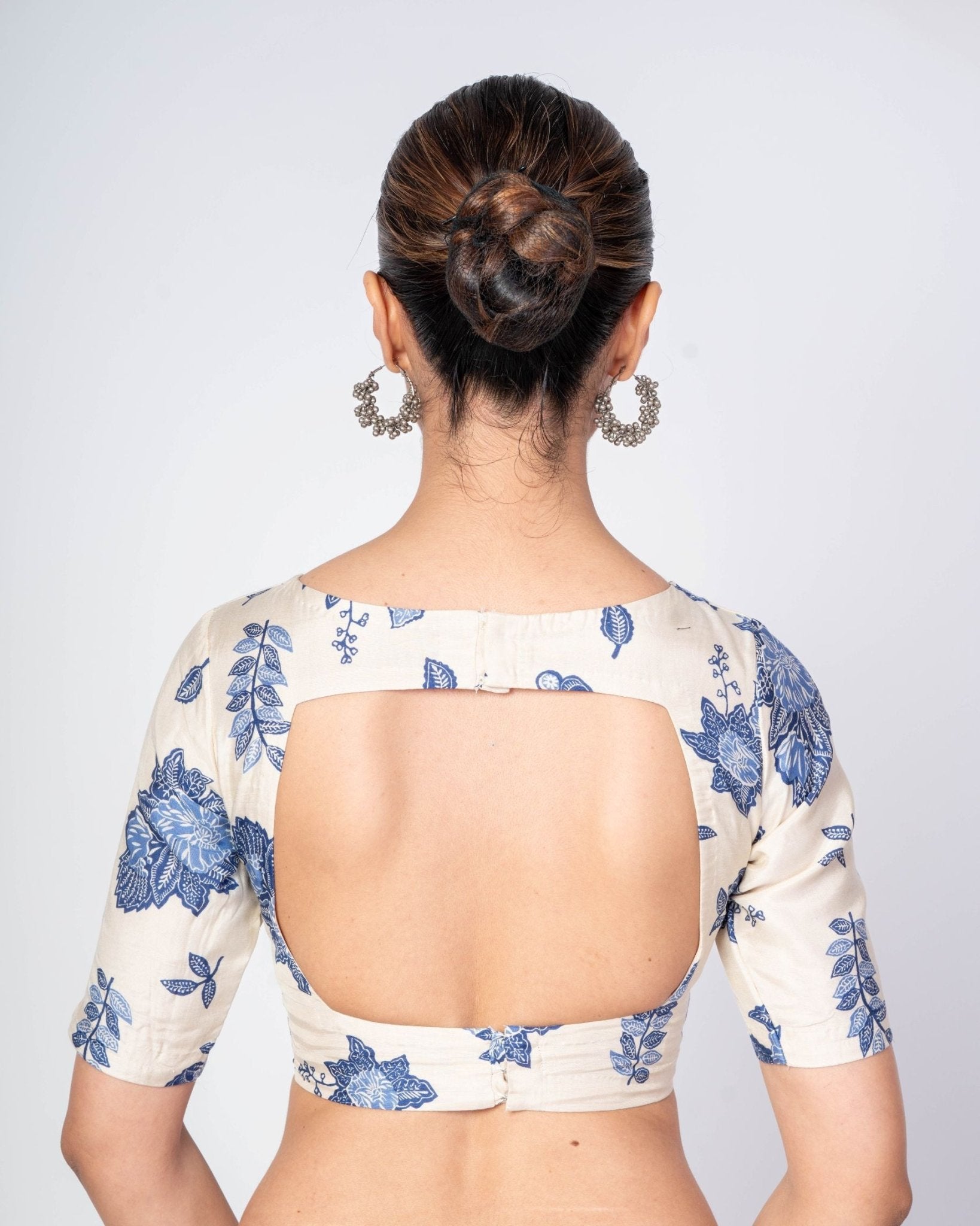 White & Blue Boat Neck Saree Blouse with Square Back Closure | Elegant French Chic Fusion Top - Anvi Couture