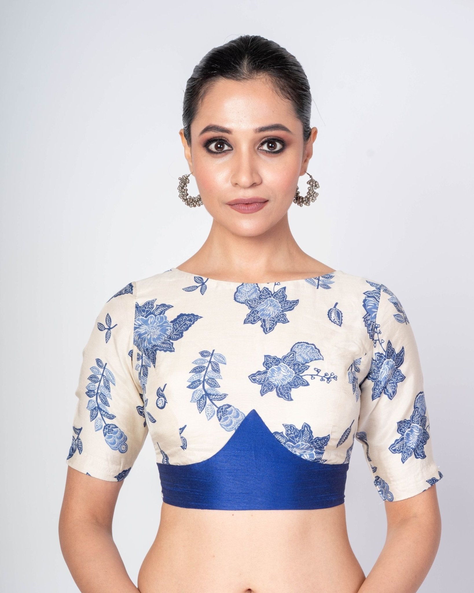 White & Blue Boat Neck Saree Blouse with Square Back Closure | Elegant French Chic Fusion Top - Anvi Couture