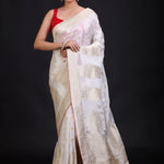 White Banarasi Silk Saree With Red Border Full