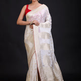 White Banarasi Silk Saree With Red Border Full