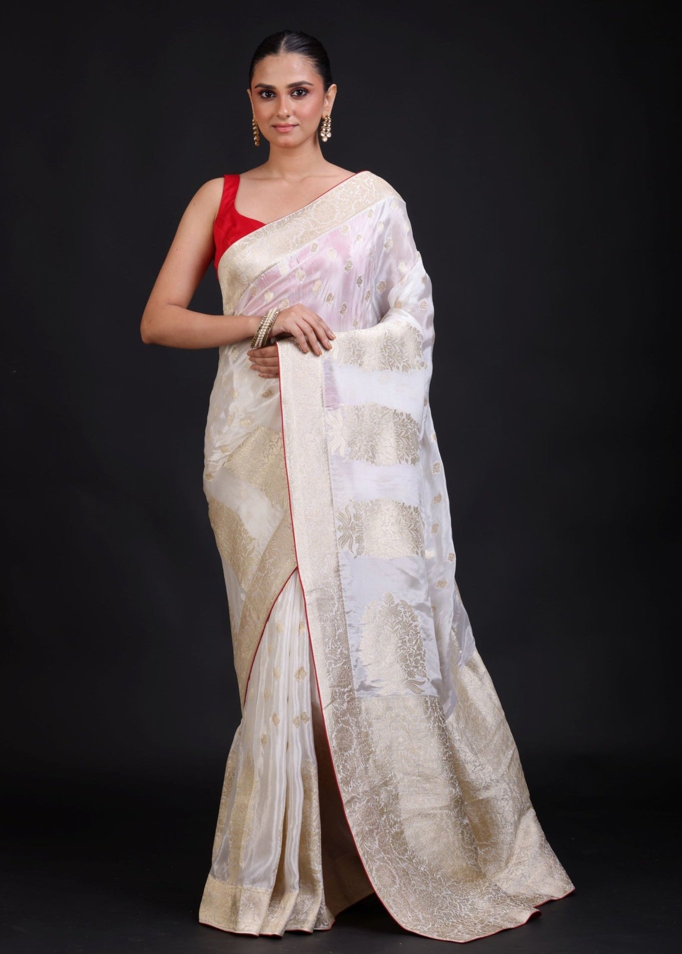 White Banarasi Silk Saree With Red Border - Anvi Couture