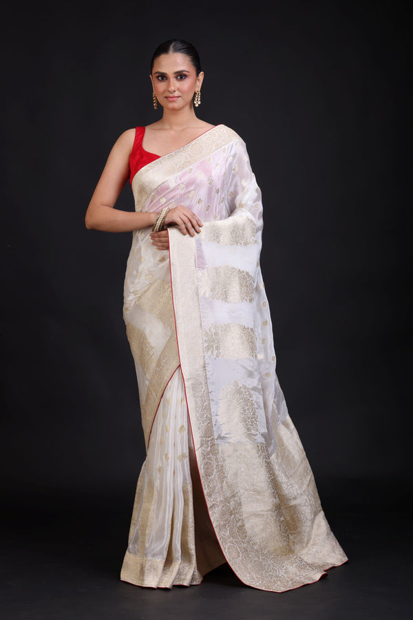White Banarasi Silk Saree With Red Border Full