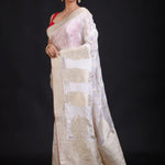 White Banarasi Silk Saree With Red Border Front