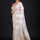 White Banarasi Silk Saree With Red Border Front