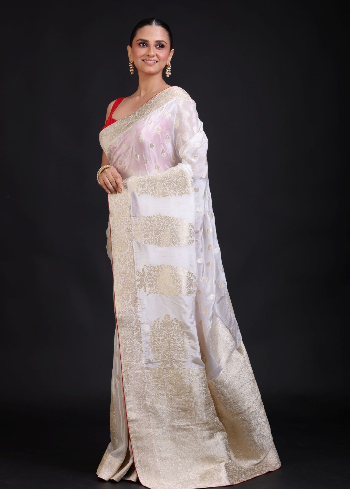 White Banarasi Silk Saree With Red Border - Anvi Couture