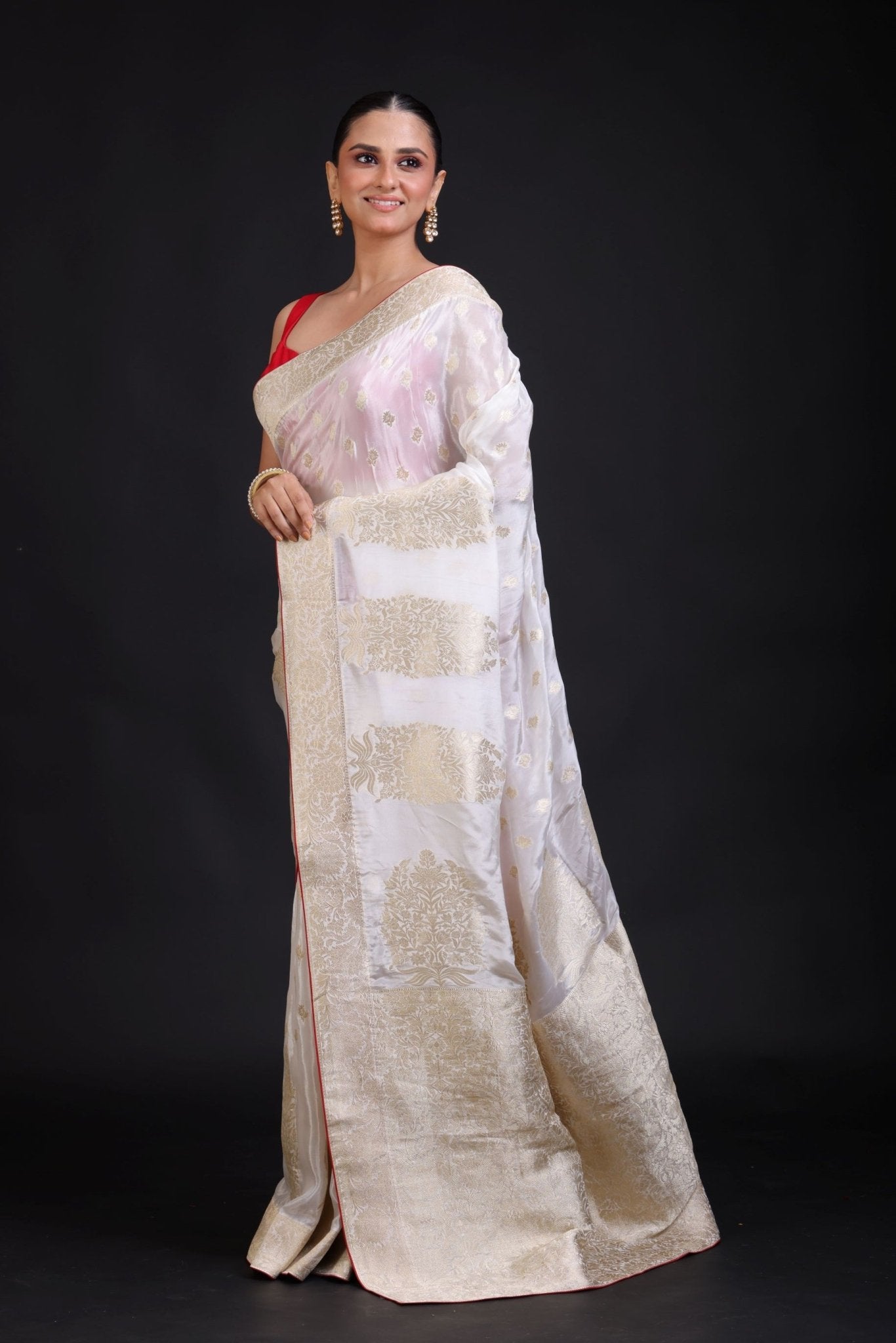 White Banarasi Silk Saree With Red Border - Anvi Couture