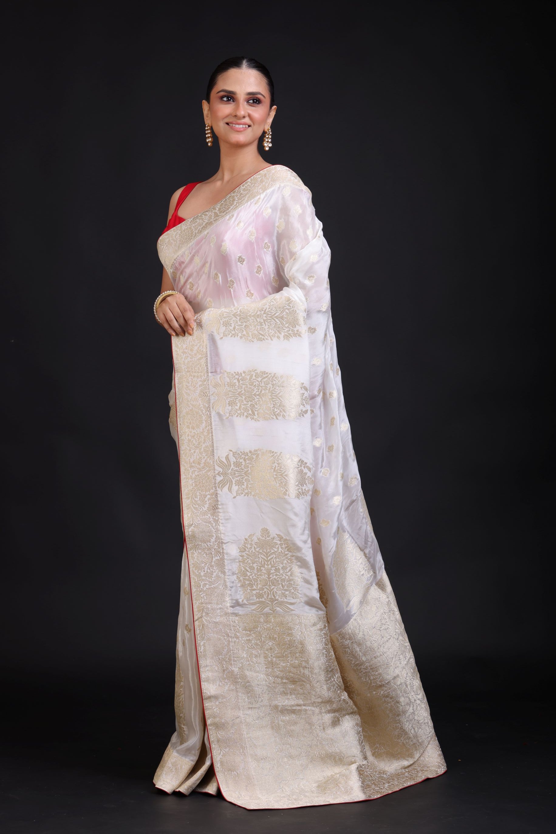 White Banarasi Silk Saree With Red Border Front