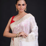 White Banarasi Silk Saree With Red Border Close up