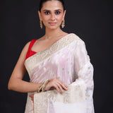 White Banarasi Silk Saree With Red Border Close up