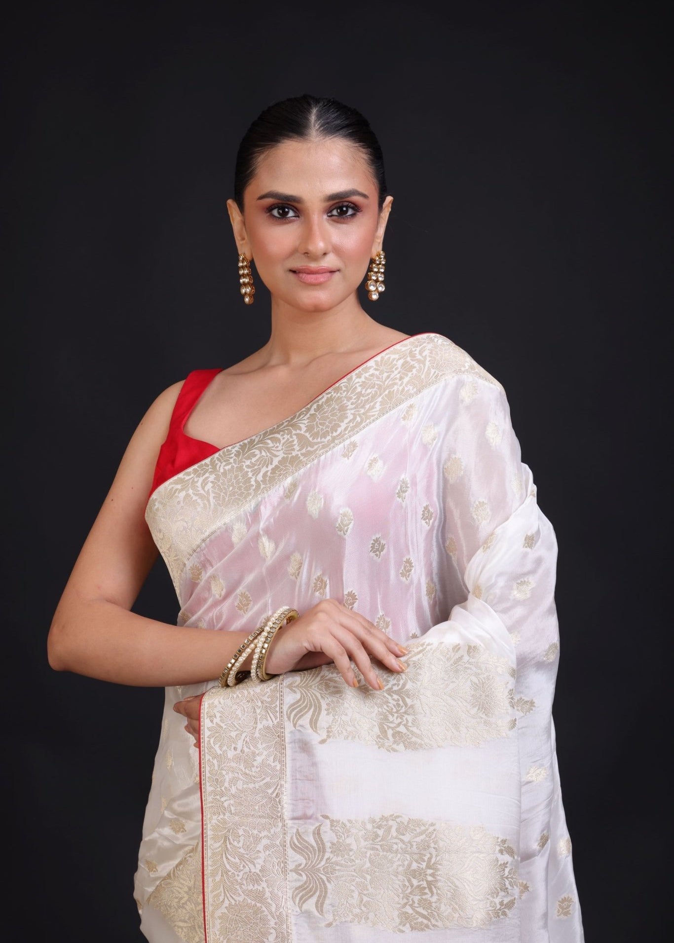 White Banarasi Silk Saree With Red Border - Anvi Couture