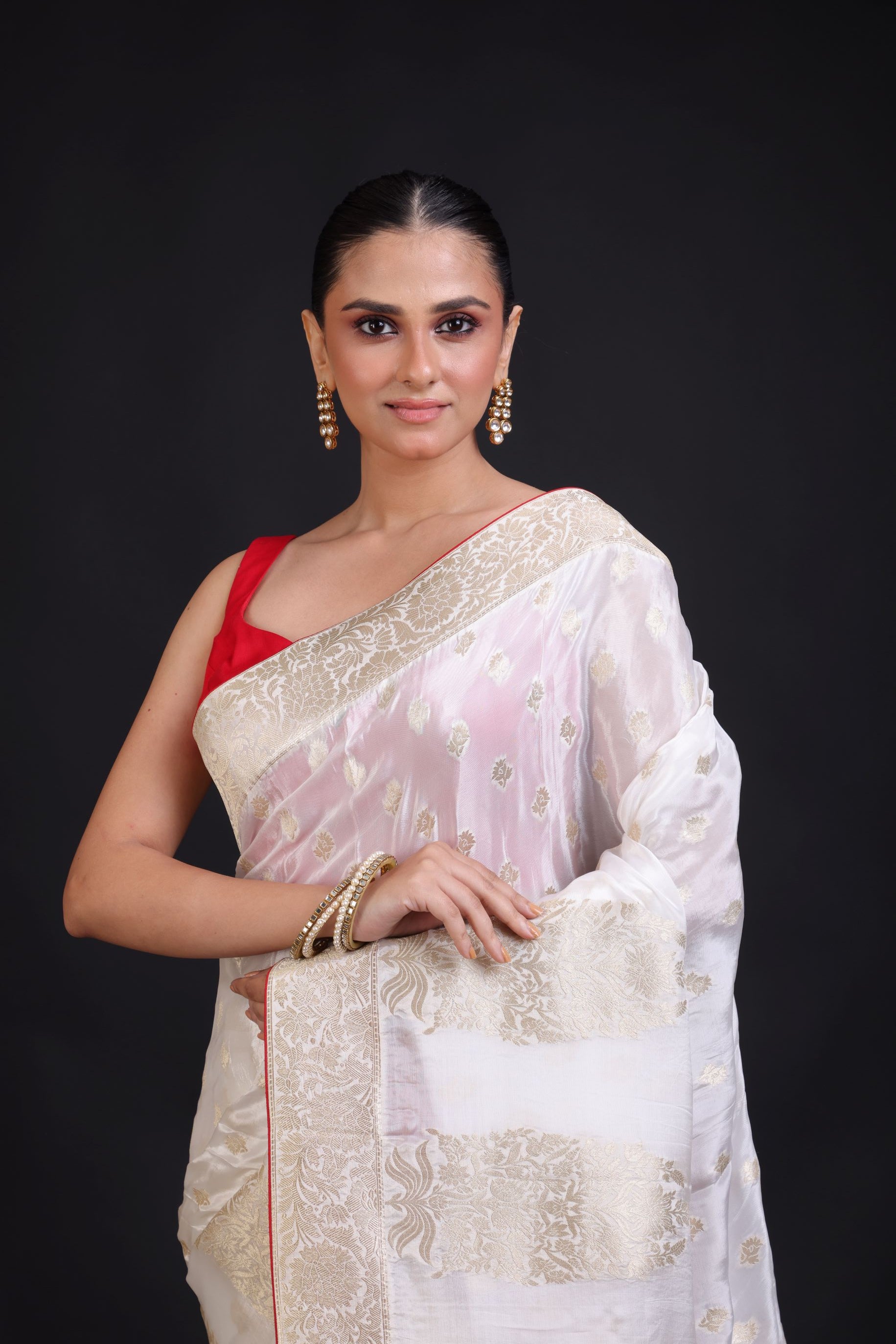 White Banarasi Silk Saree With Red Border Close up
