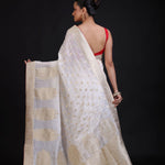 White Banarasi Silk Saree With Red Border Back