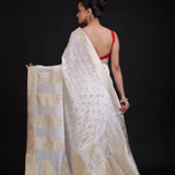 White Banarasi Silk Saree With Red Border Back