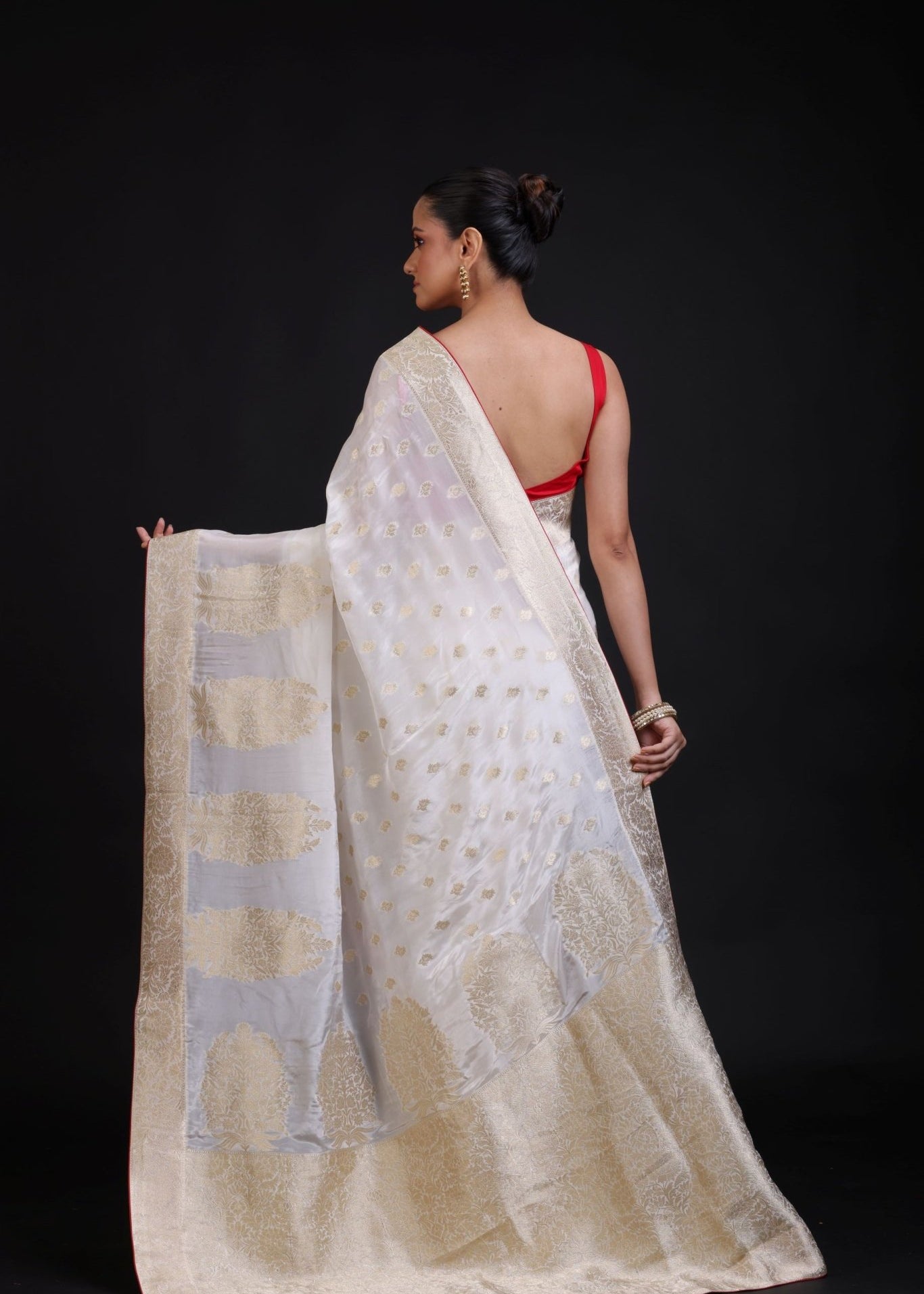 White Banarasi Silk Saree With Red Border - Anvi Couture