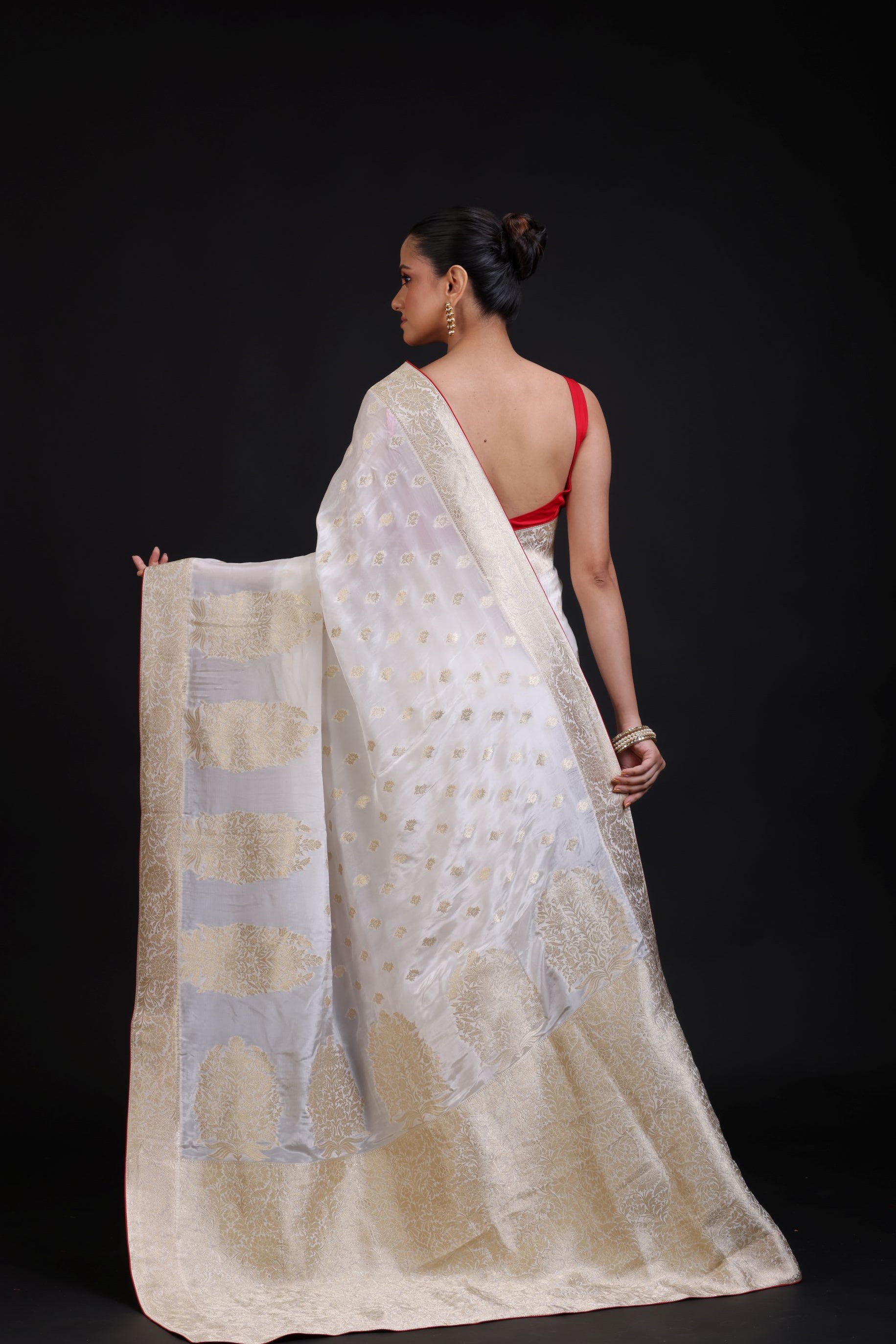 White Banarasi Silk Saree With Red Border Back
