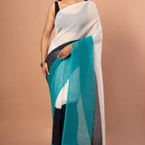 White , Black & Green Pleated Pure Georgette Saree - Anvi Couture