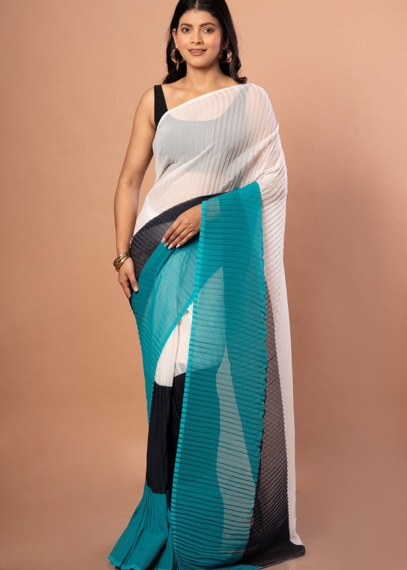 White , Black & Green Pleated Pure Georgette Saree - Anvi Couture
