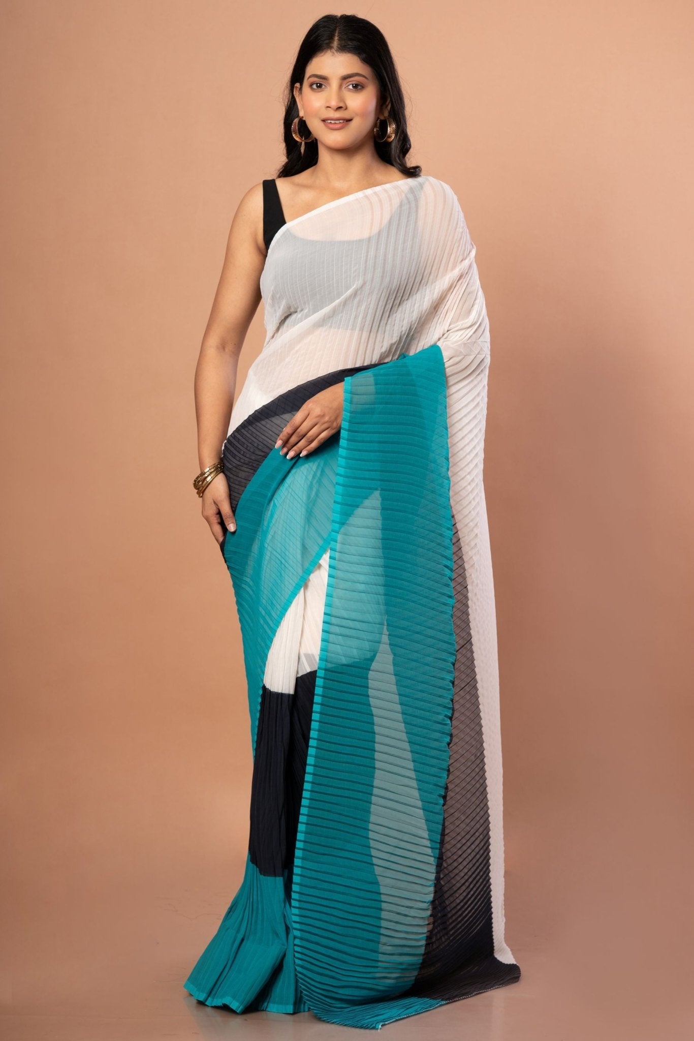 White , Black & Green Pleated Pure Georgette Saree - Anvi Couture