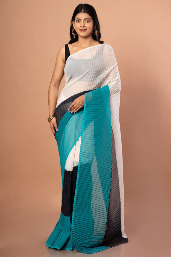 White , Black & Green Pleated Pure Georgette Saree - Anvi Couture