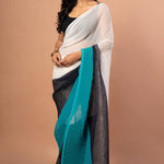 White , Black & Green Pleated Pure Georgette Saree - Anvi Couture