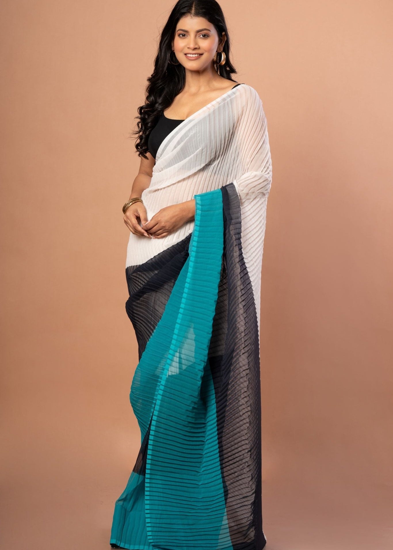 White , Black & Green Pleated Pure Georgette Saree - Anvi Couture
