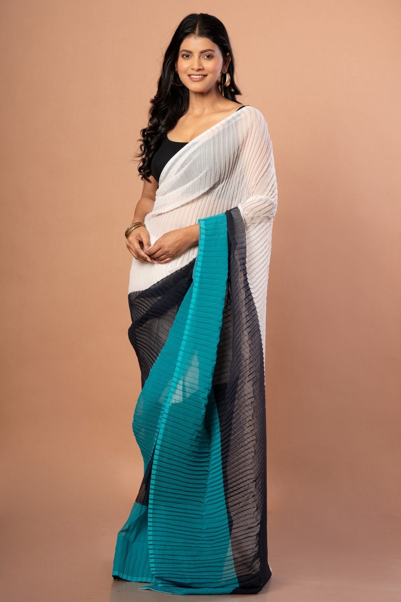 White , Black & Green Pleated Pure Georgette Saree - Anvi Couture