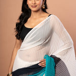 White , Black & Green Pleated Pure Georgette Saree - Anvi Couture