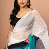 White , Black & Green Pleated Pure Georgette Saree - Anvi Couture