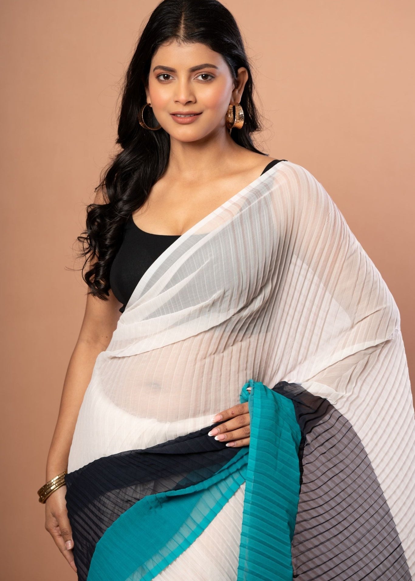 White , Black & Green Pleated Pure Georgette Saree - Anvi Couture