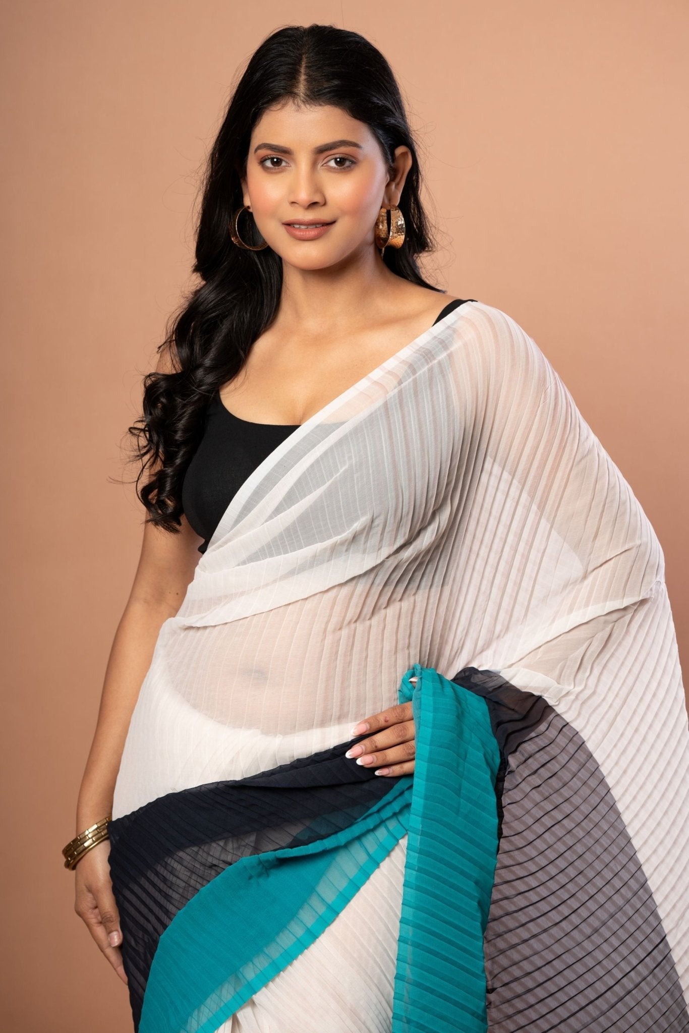 White , Black & Green Pleated Pure Georgette Saree - Anvi Couture