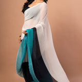 White , Black & Green Pleated Pure Georgette Saree - Anvi Couture