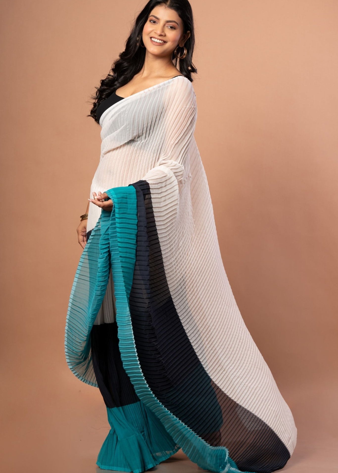 White , Black & Green Pleated Pure Georgette Saree - Anvi Couture