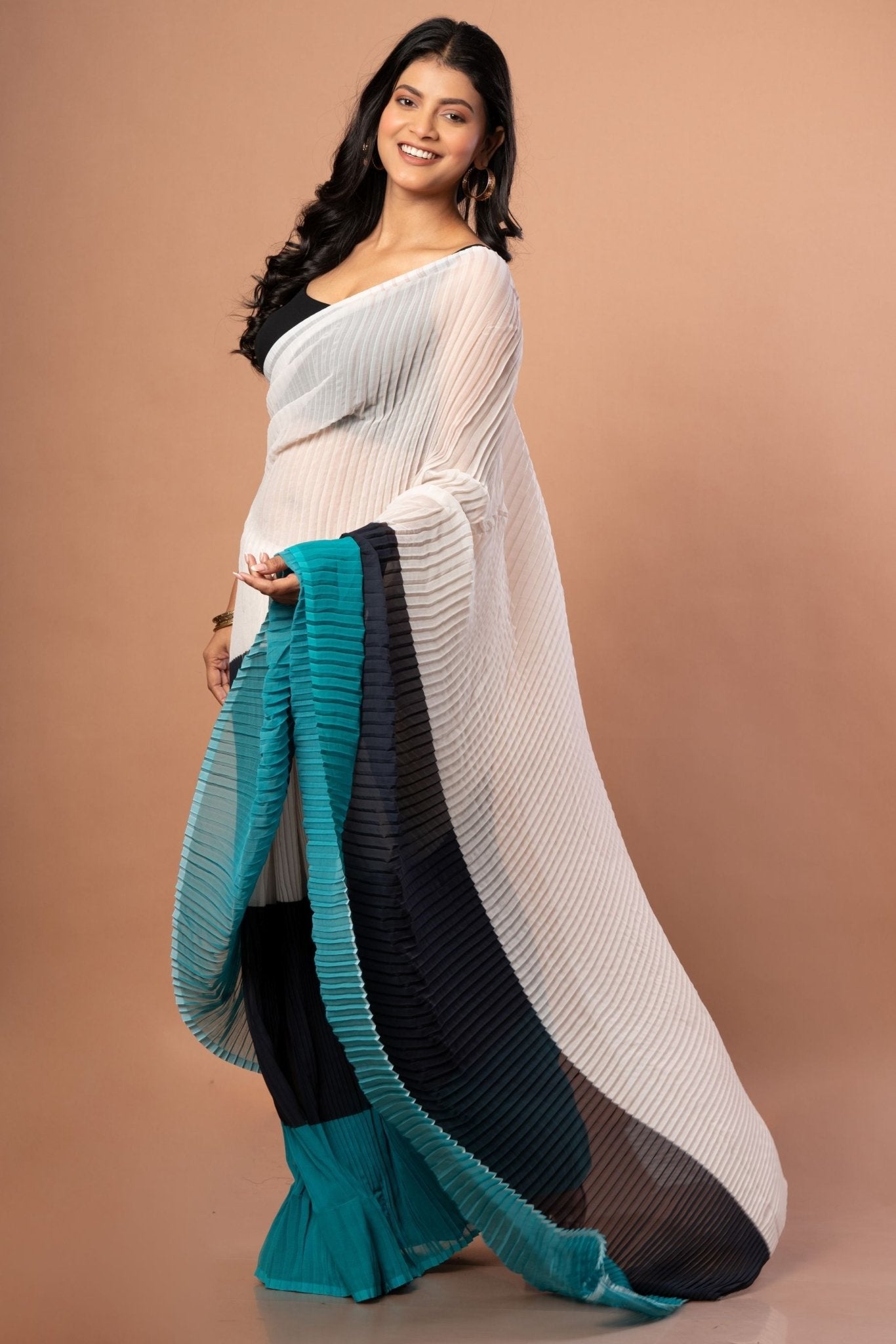 White , Black & Green Pleated Pure Georgette Saree - Anvi Couture