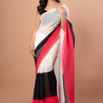 White, Black and Red Pleated Pure Georgette Saree - Anvi Couture