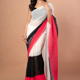 White, Black and Red Pleated Pure Georgette Saree - Anvi Couture