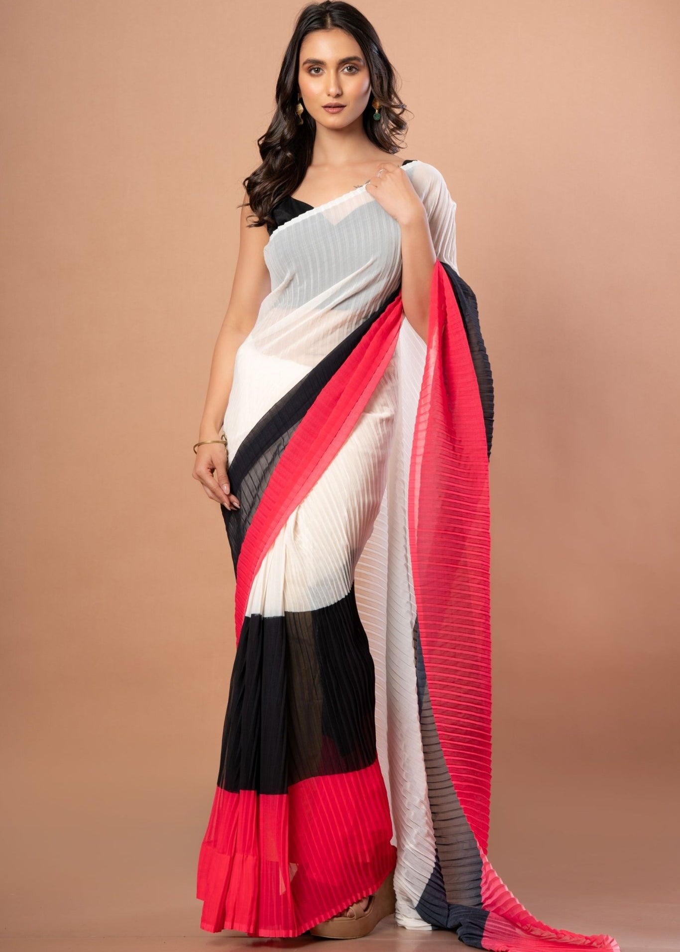 White, Black and Red Pleated Pure Georgette Saree - Anvi Couture