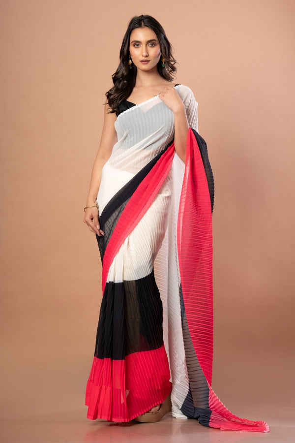White, Black and Red Pleated Pure Georgette Saree - Anvi Couture