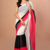 White, Black and Red Pleated Pure Georgette Saree - Anvi Couture