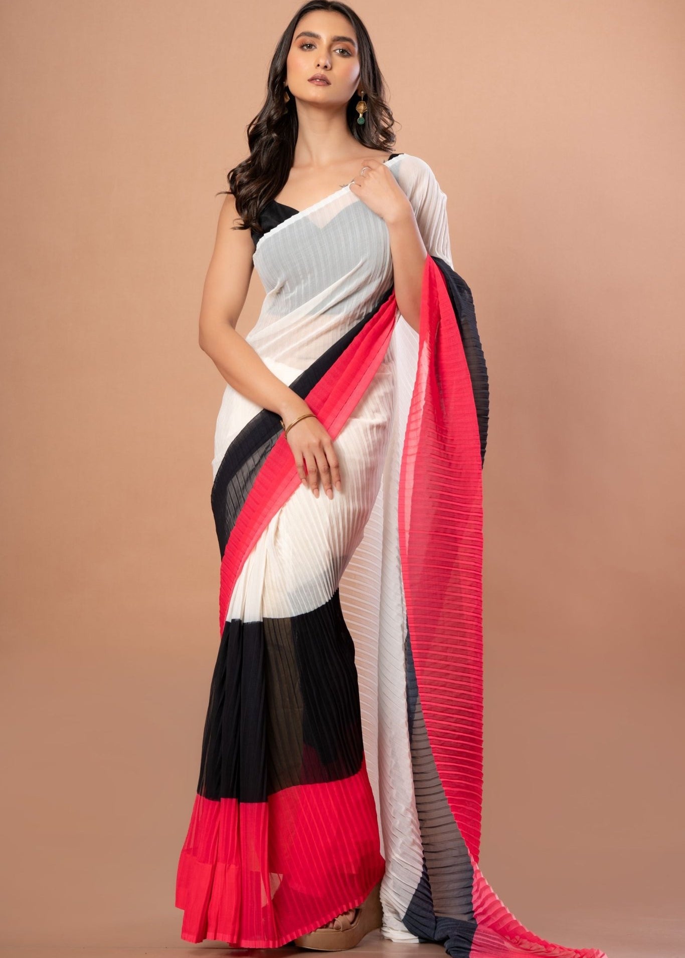 White, Black and Red Pleated Pure Georgette Saree - Anvi Couture