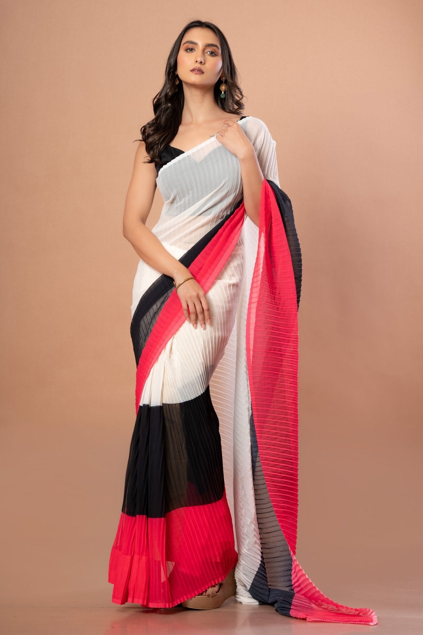 White, Black and Red Pleated Pure Georgette Saree - Anvi Couture