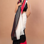 White, Black and Red Pleated Pure Georgette Saree - Anvi Couture