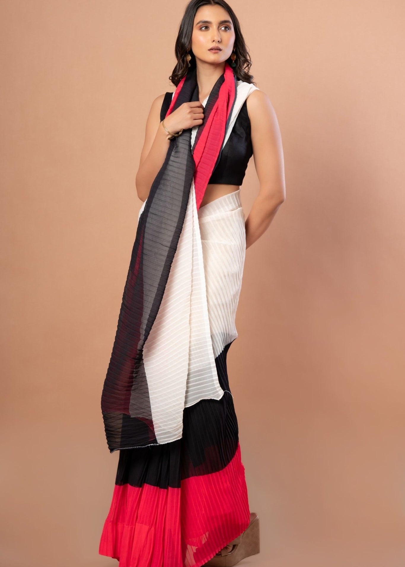 White, Black and Red Pleated Pure Georgette Saree - Anvi Couture