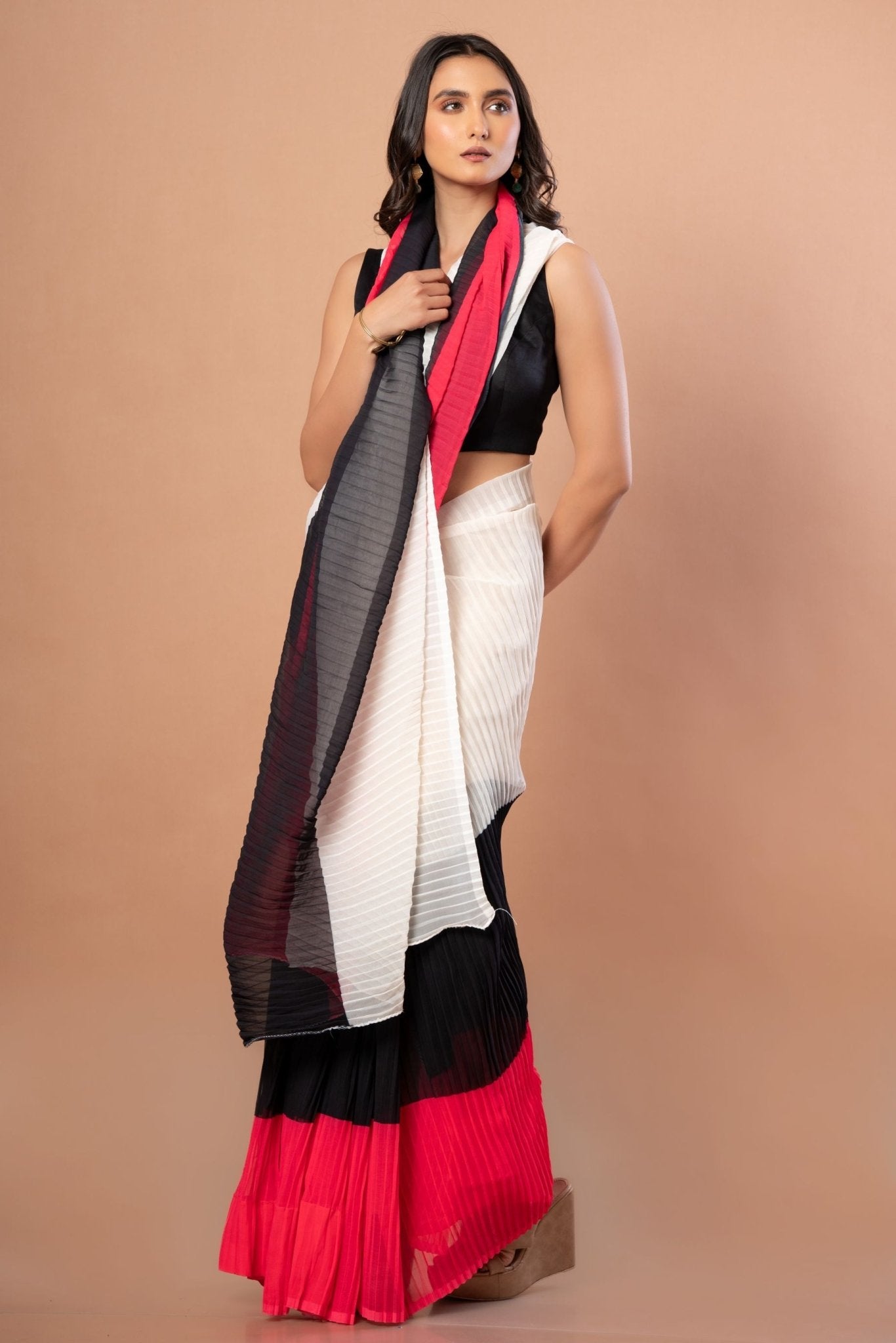 White, Black and Red Pleated Pure Georgette Saree - Anvi Couture
